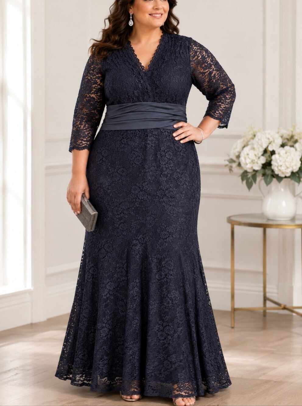 Kiyonna 3X Gunmetal Gray Lace Formal Gown Mother of Bride Wedding Guest Formal